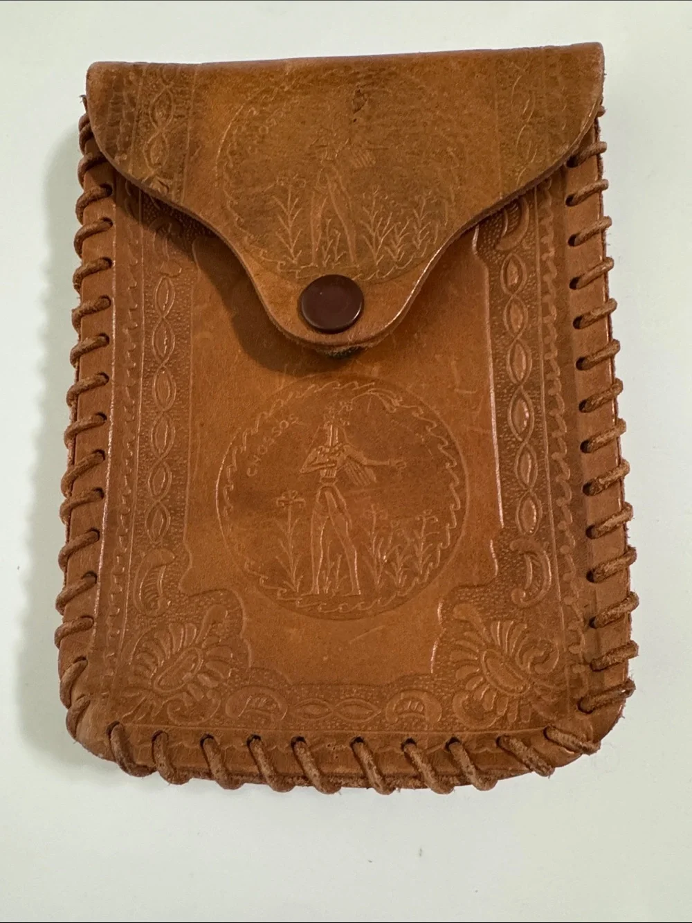 Tooled Brown Leather Pouch with Button Closure